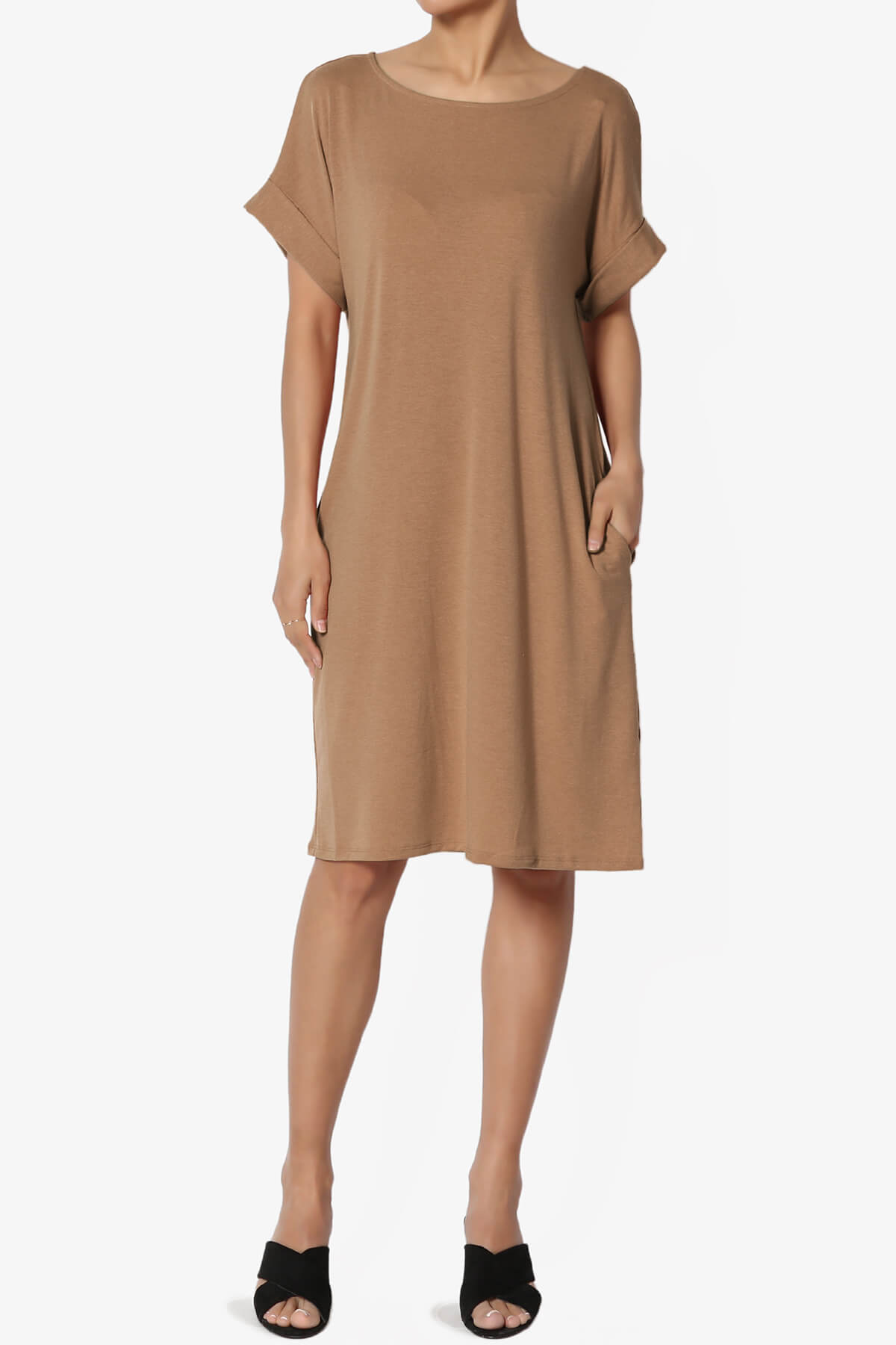 Load image into Gallery viewer, Janie Rolled Short Sleeve Round Neck Dress DEEP CAMEL_1
