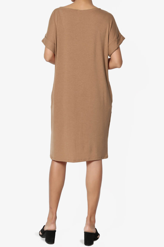 Load image into Gallery viewer, Janie Rolled Short Sleeve Round Neck Dress DEEP CAMEL_2
