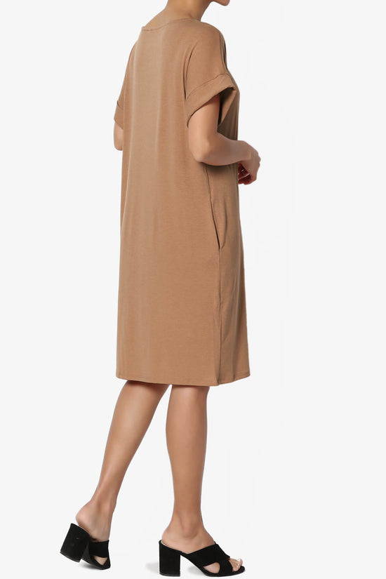 Load image into Gallery viewer, Janie Rolled Short Sleeve Round Neck Dress DEEP CAMEL_4
