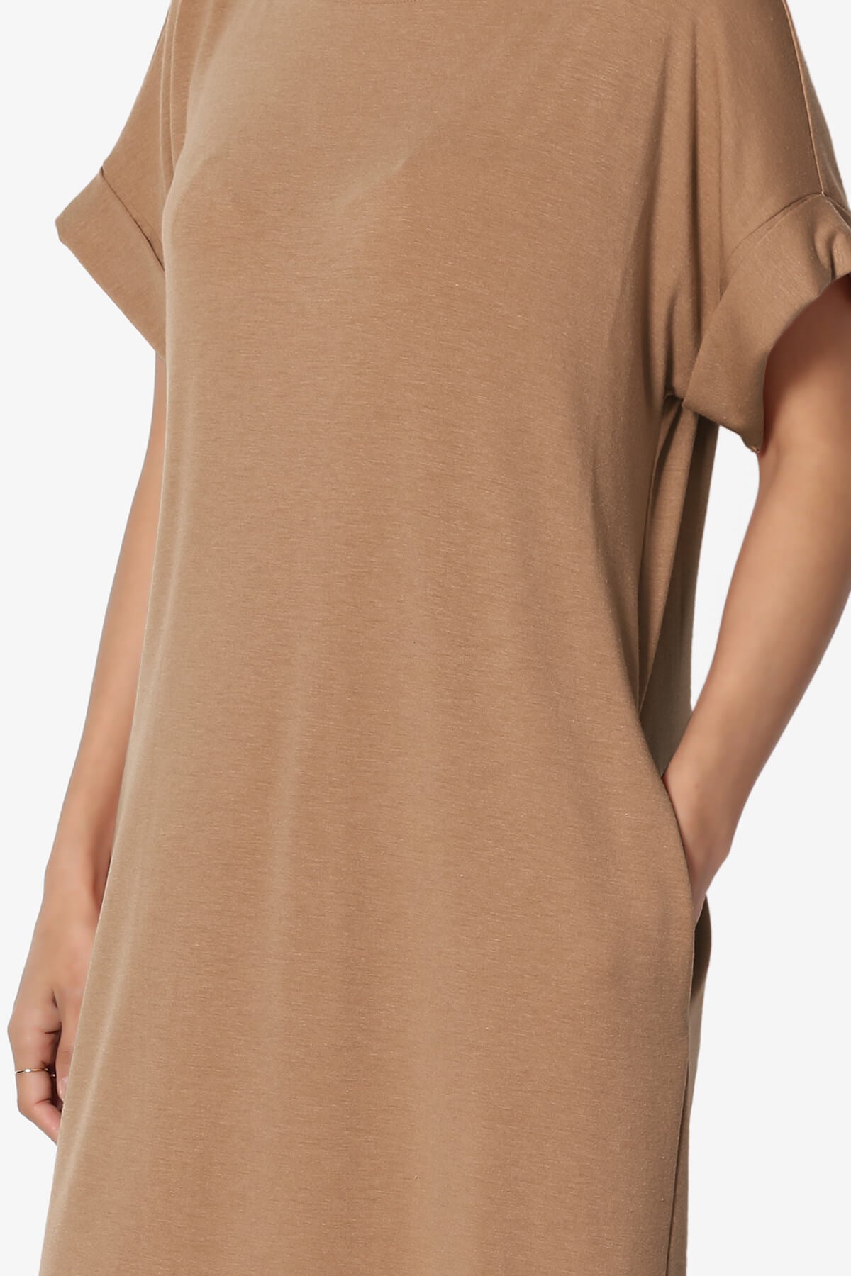 Load image into Gallery viewer, Janie Rolled Short Sleeve Round Neck Dress DEEP CAMEL_5
