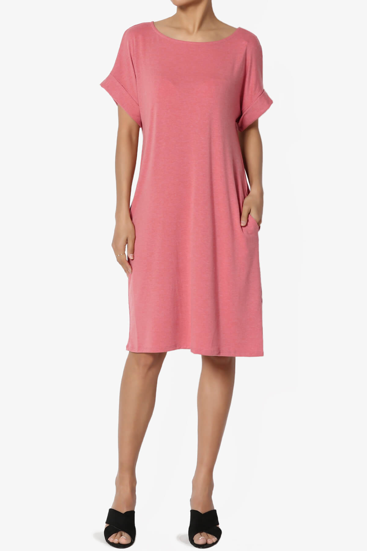 Load image into Gallery viewer, Janie Rolled Short Sleeve Round Neck Dress DESERT ROSE_1
