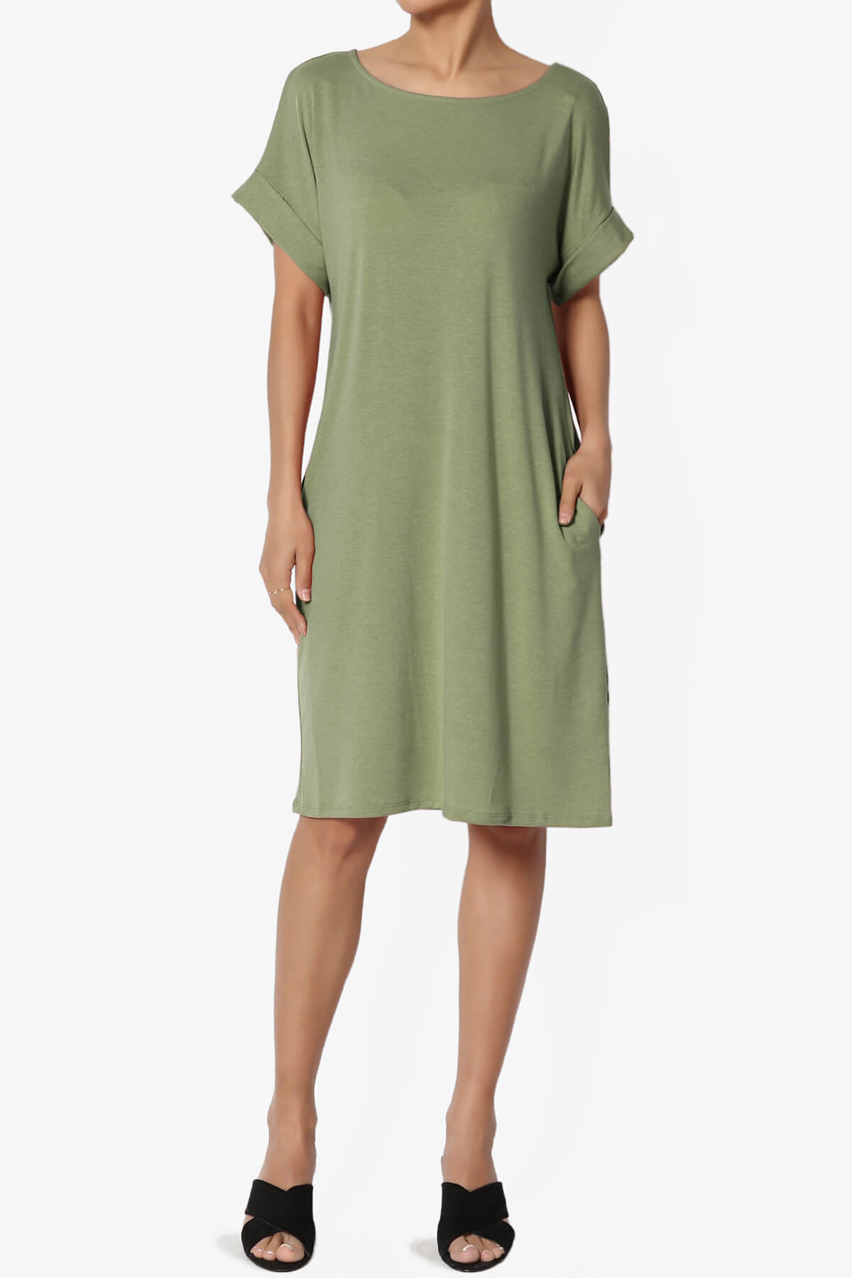 Load image into Gallery viewer, Janie Rolled Short Sleeve Round Neck Dress DUSTY OLIVE_1
