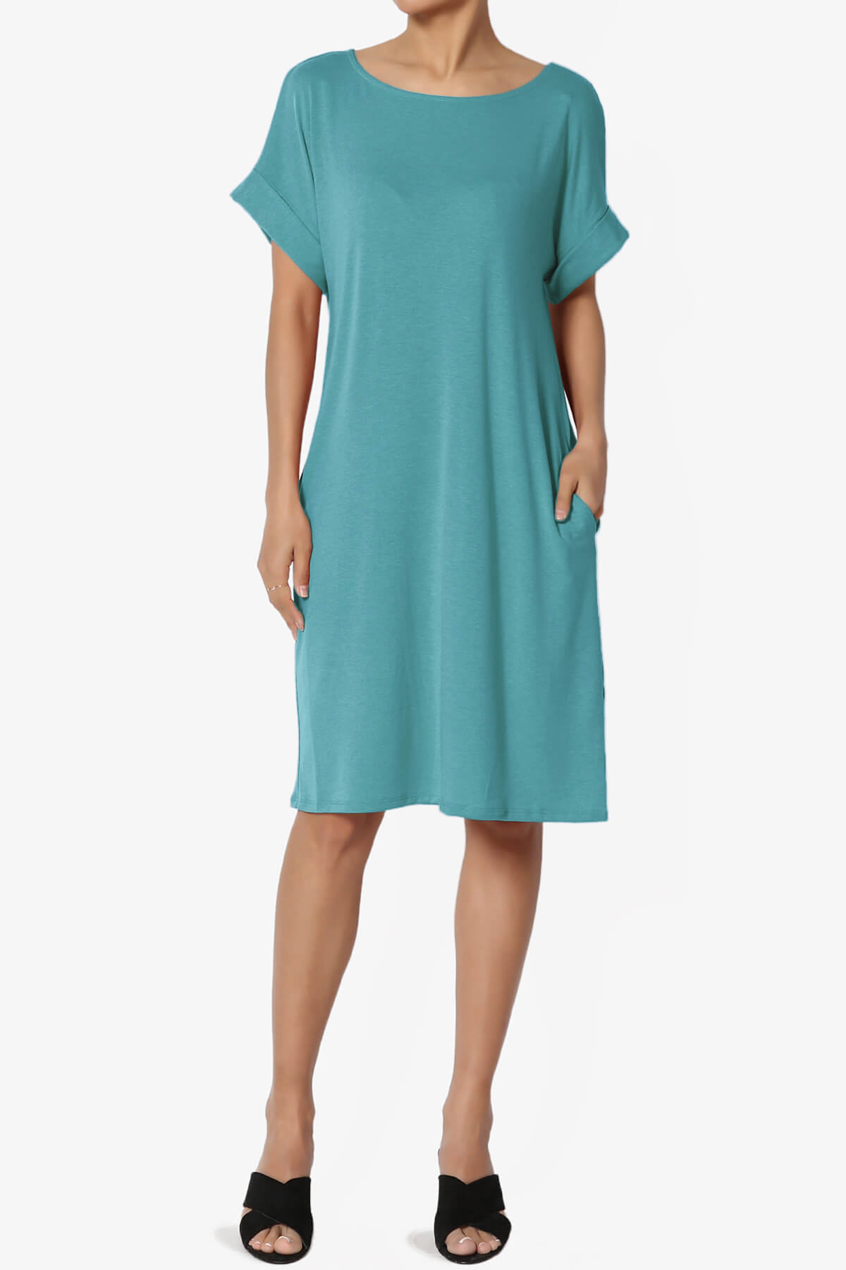 Janie Rolled Short Sleeve Round Neck Dress DUSTY TEAL_1