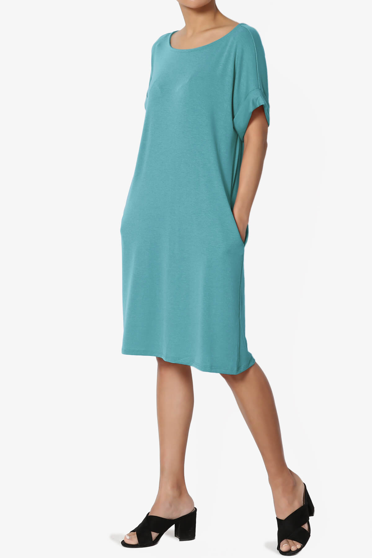 Janie Rolled Short Sleeve Round Neck Dress DUSTY TEAL_3