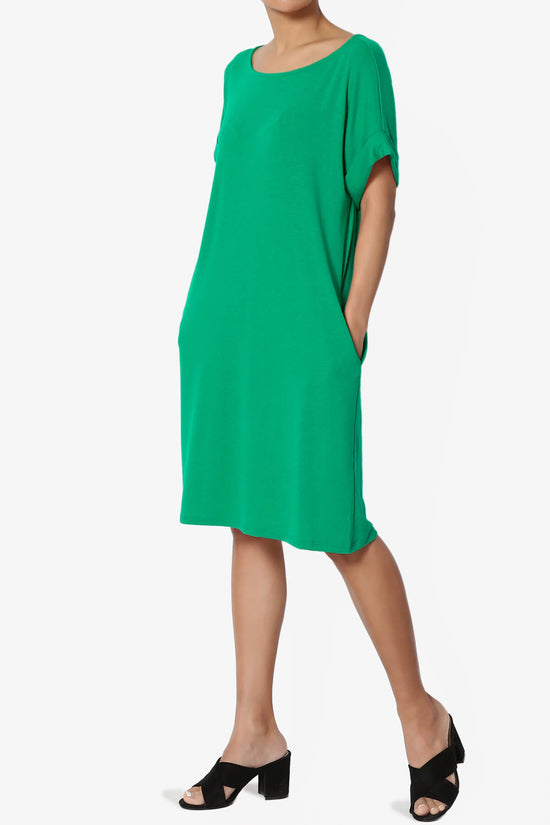 Janie Rolled Short Sleeve Round Neck Dress KELLY GREEN_3