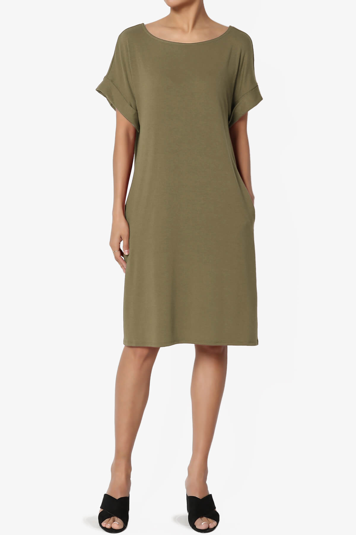 Load image into Gallery viewer, Janie Rolled Short Sleeve Round Neck Dress OLIVE KHAKI_1
