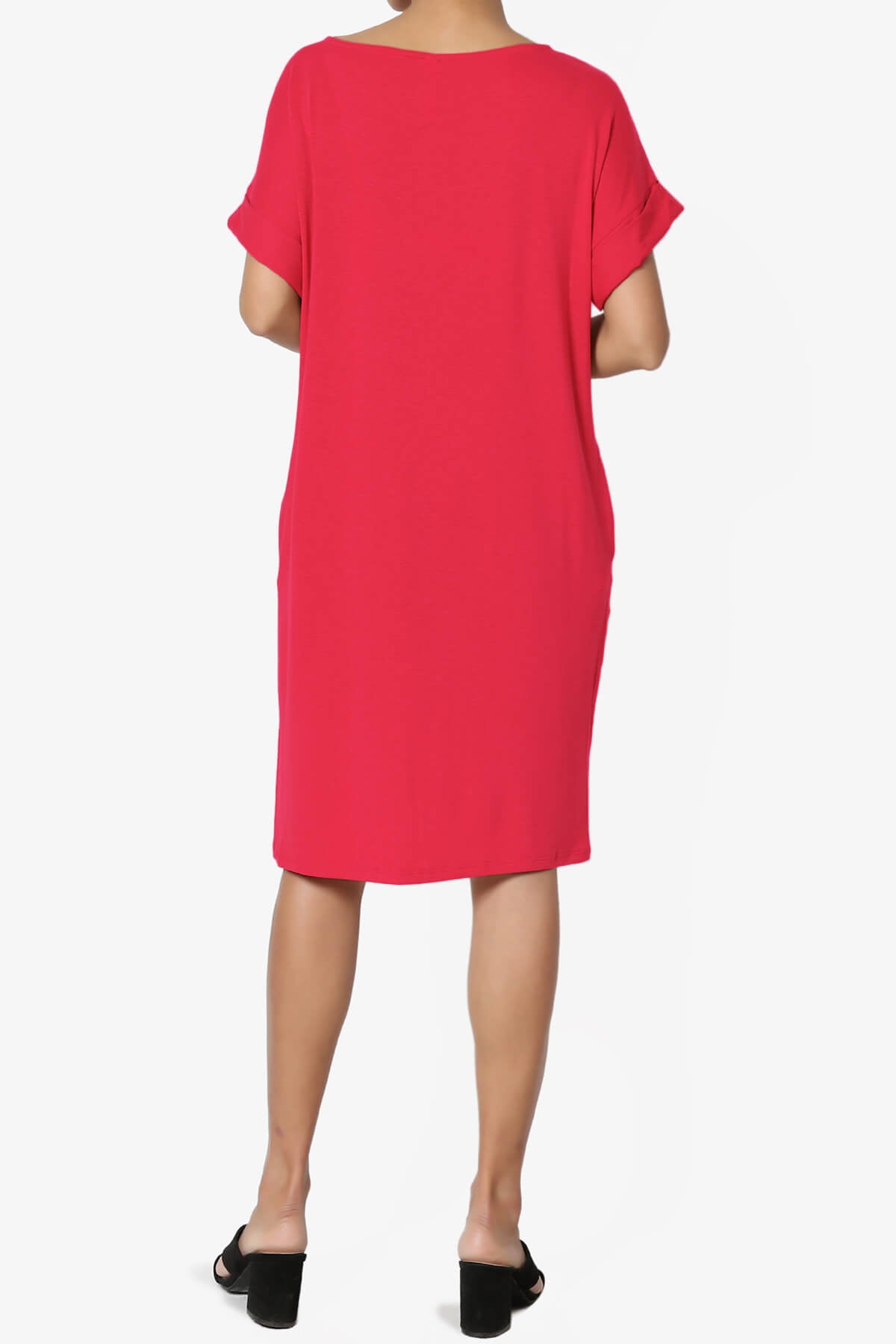 Janie Rolled Short Sleeve Round Neck Dress RED_2