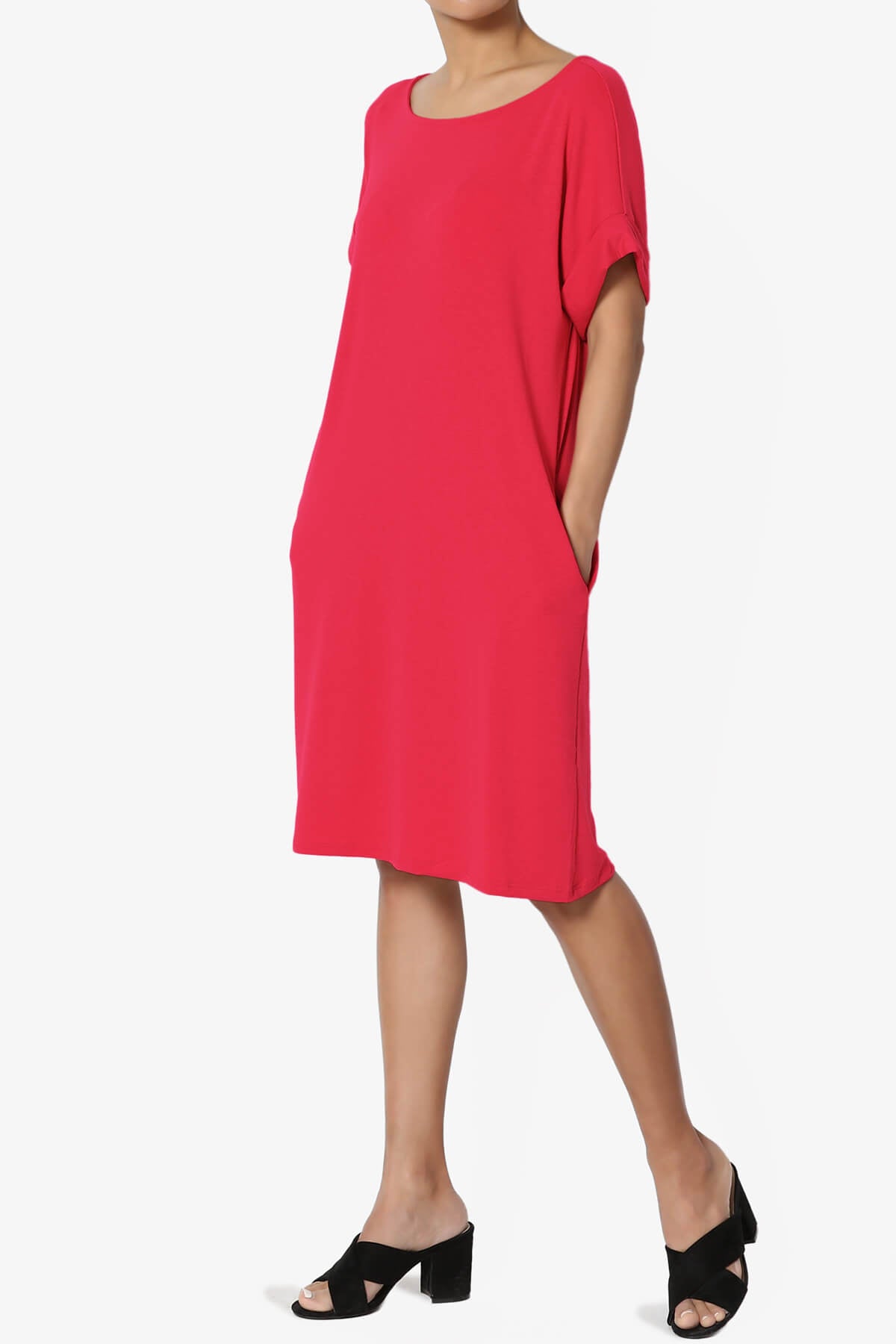 Janie Rolled Short Sleeve Round Neck Dress RED_3