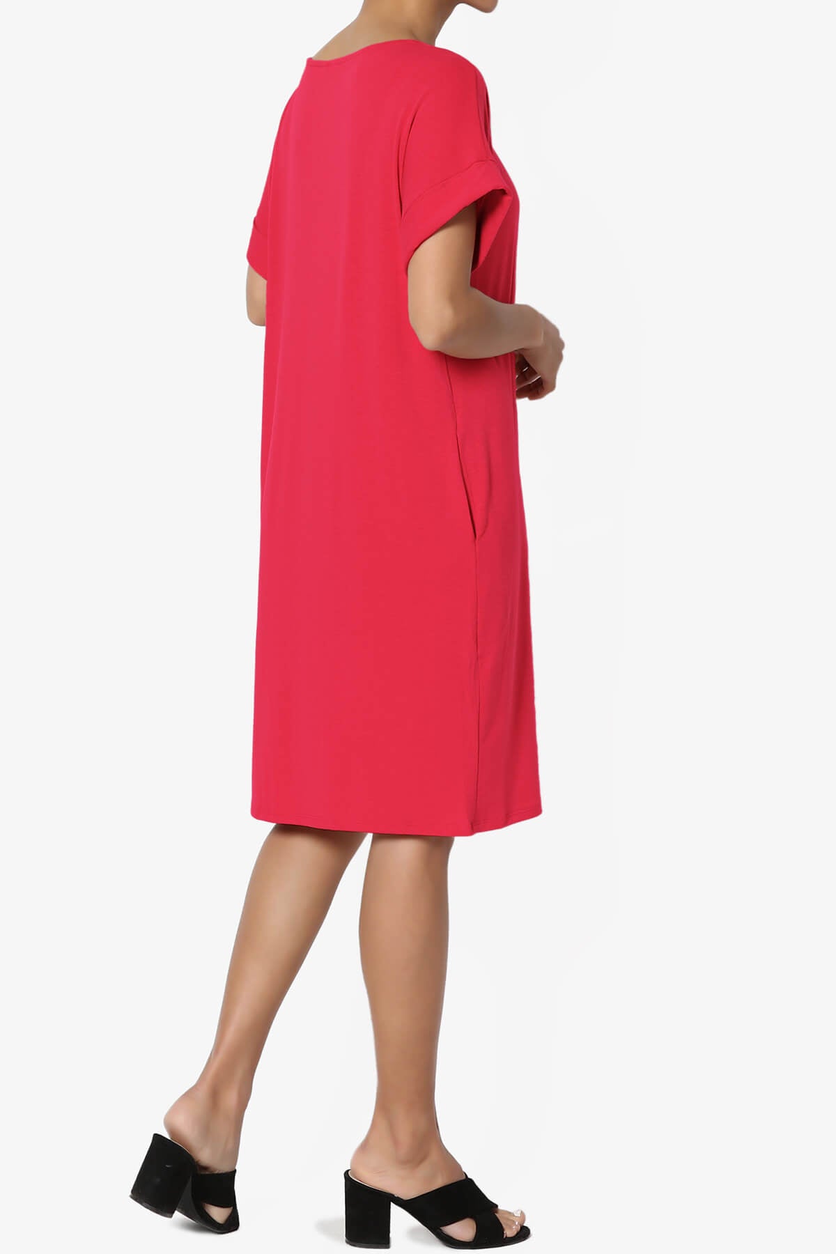 Janie Rolled Short Sleeve Round Neck Dress RED_4