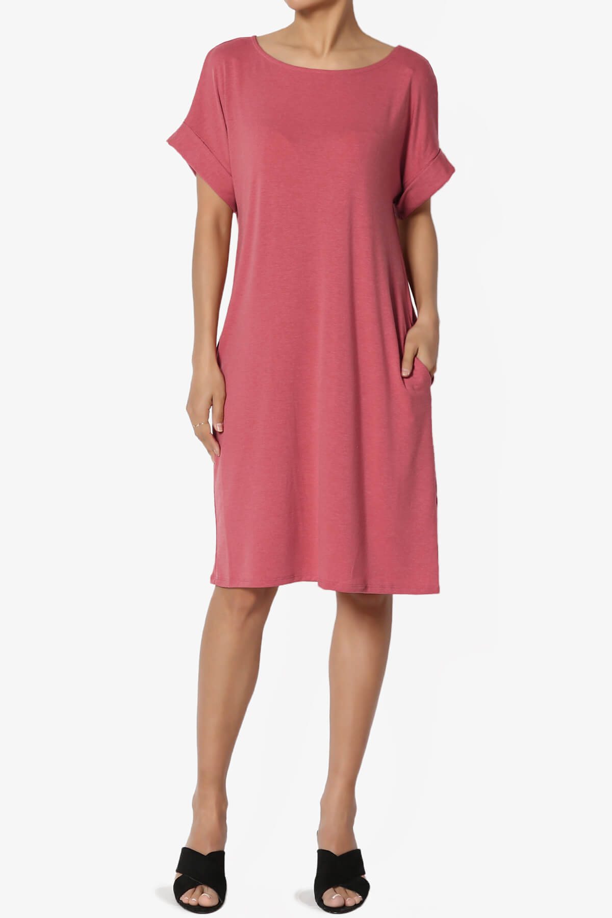 Load image into Gallery viewer, Janie Rolled Short Sleeve Round Neck Dress ROSE_1
