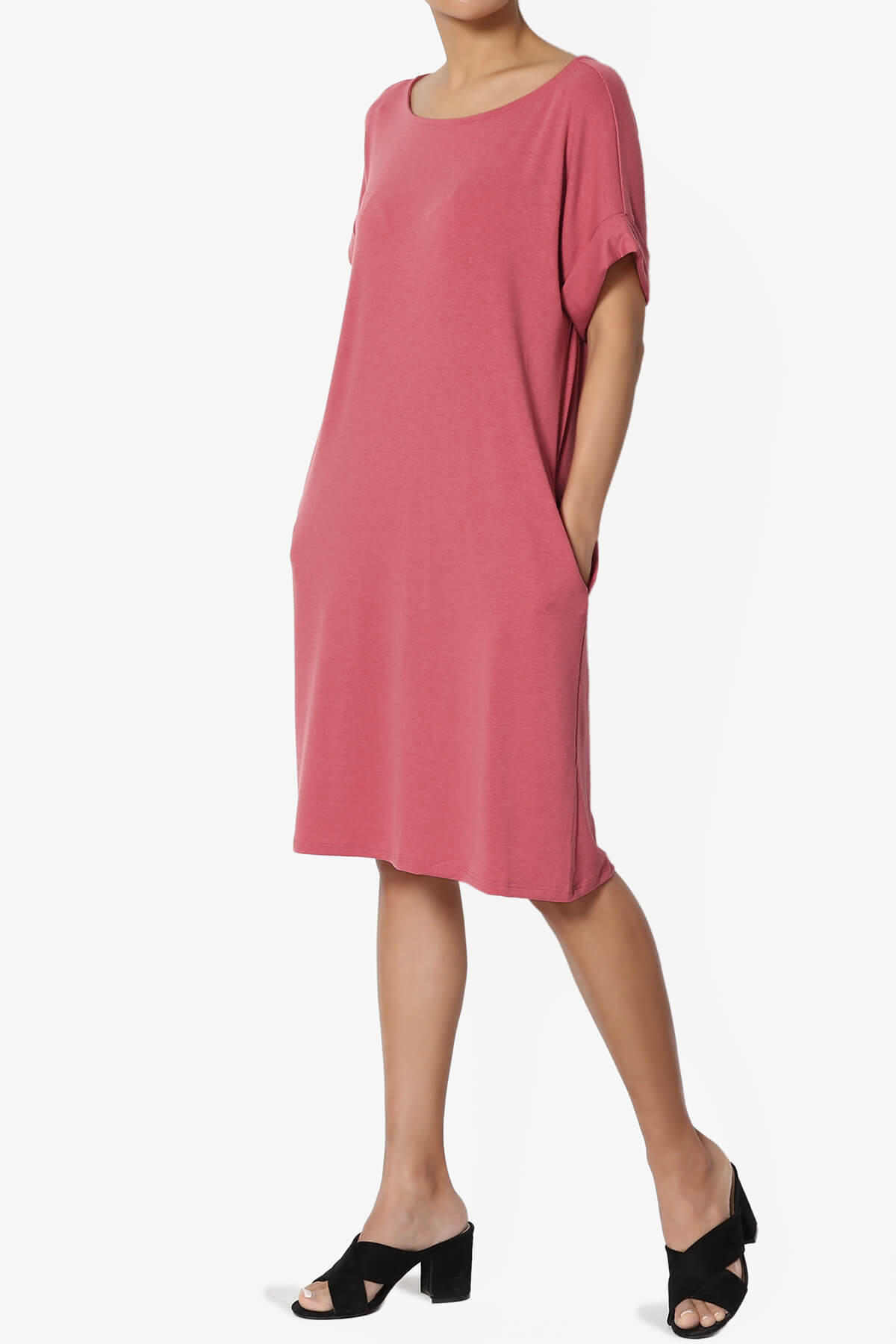 Load image into Gallery viewer, Janie Rolled Short Sleeve Round Neck Dress ROSE_3
