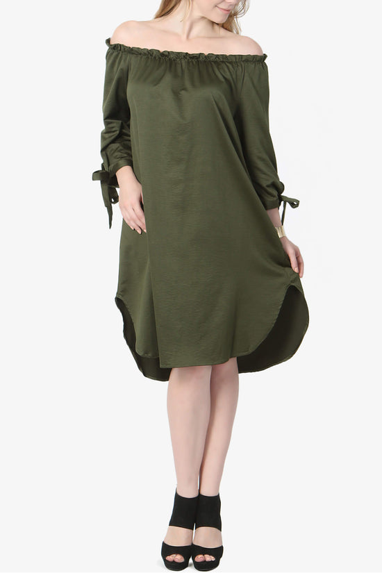 Load image into Gallery viewer, Aida Off Shoulder Satin Shift Dress PLUS OLIVE_6
