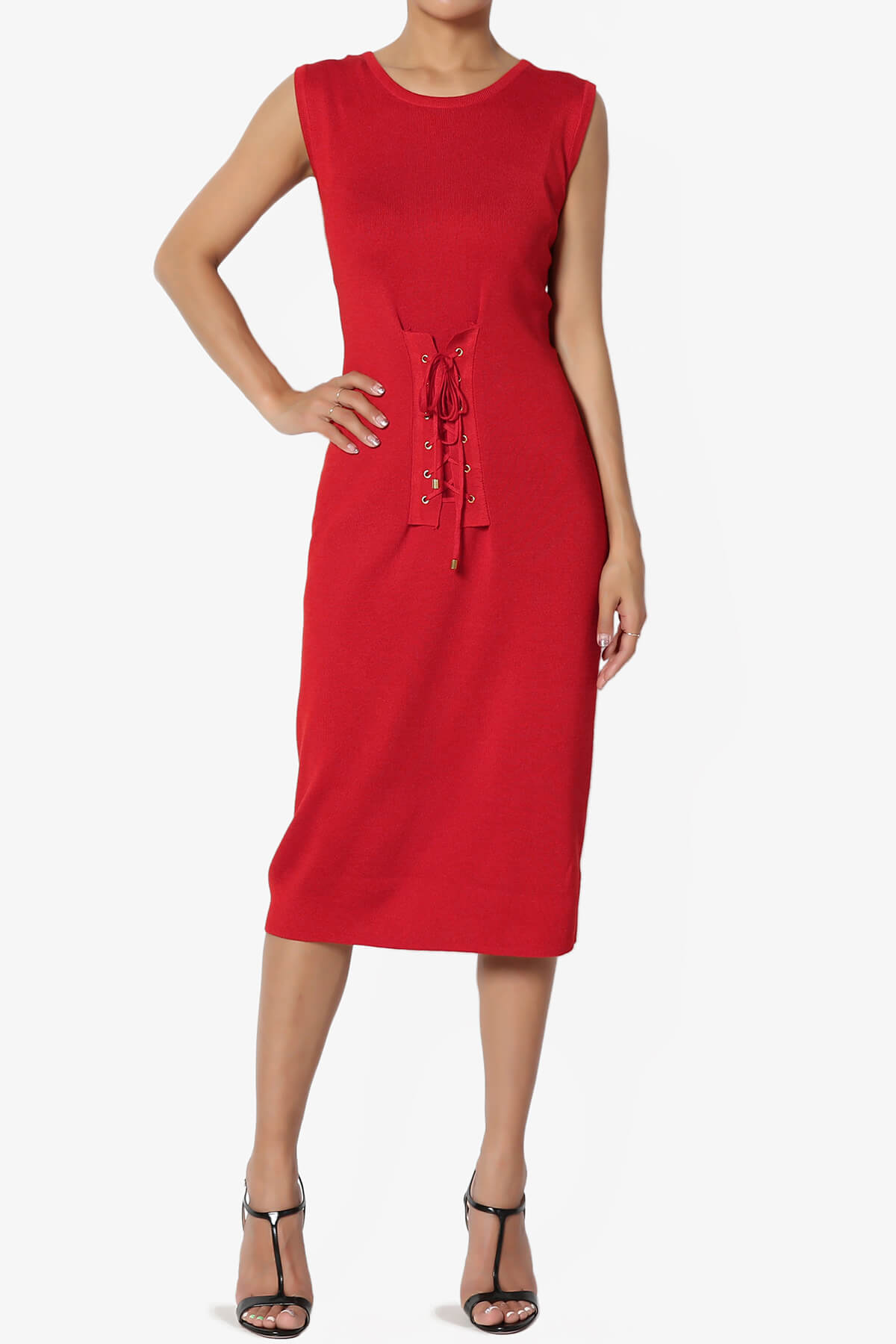 Load image into Gallery viewer, Jordyn Lace-Up Knit Midi Dress RED_1
