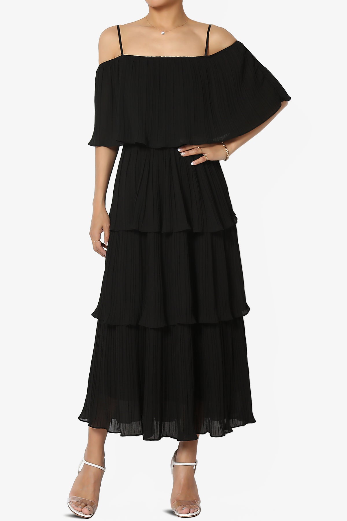 Kye Off Shoulder Tiered Dress in Black