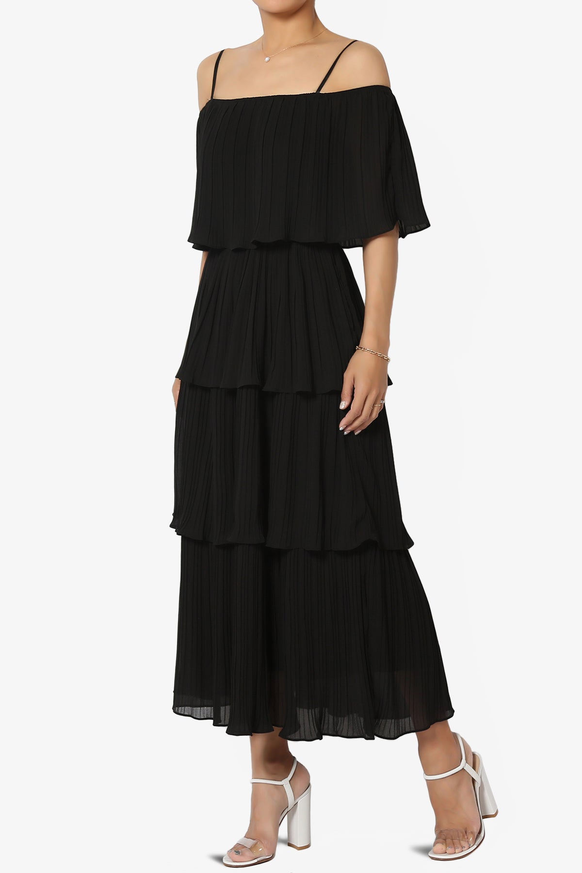 Kye Off Shoulder Tiered Dress in Black