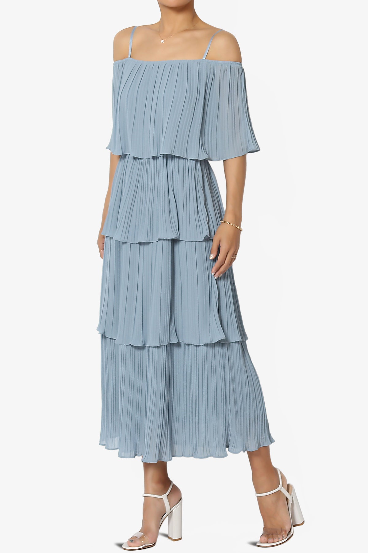 Load image into Gallery viewer, Kye Off Shoulder Tiered Dress in Dusty Blue
