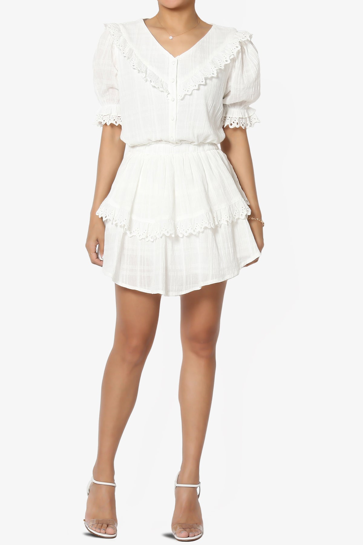 Tille Lace Trim Tiered Dress in Ivory