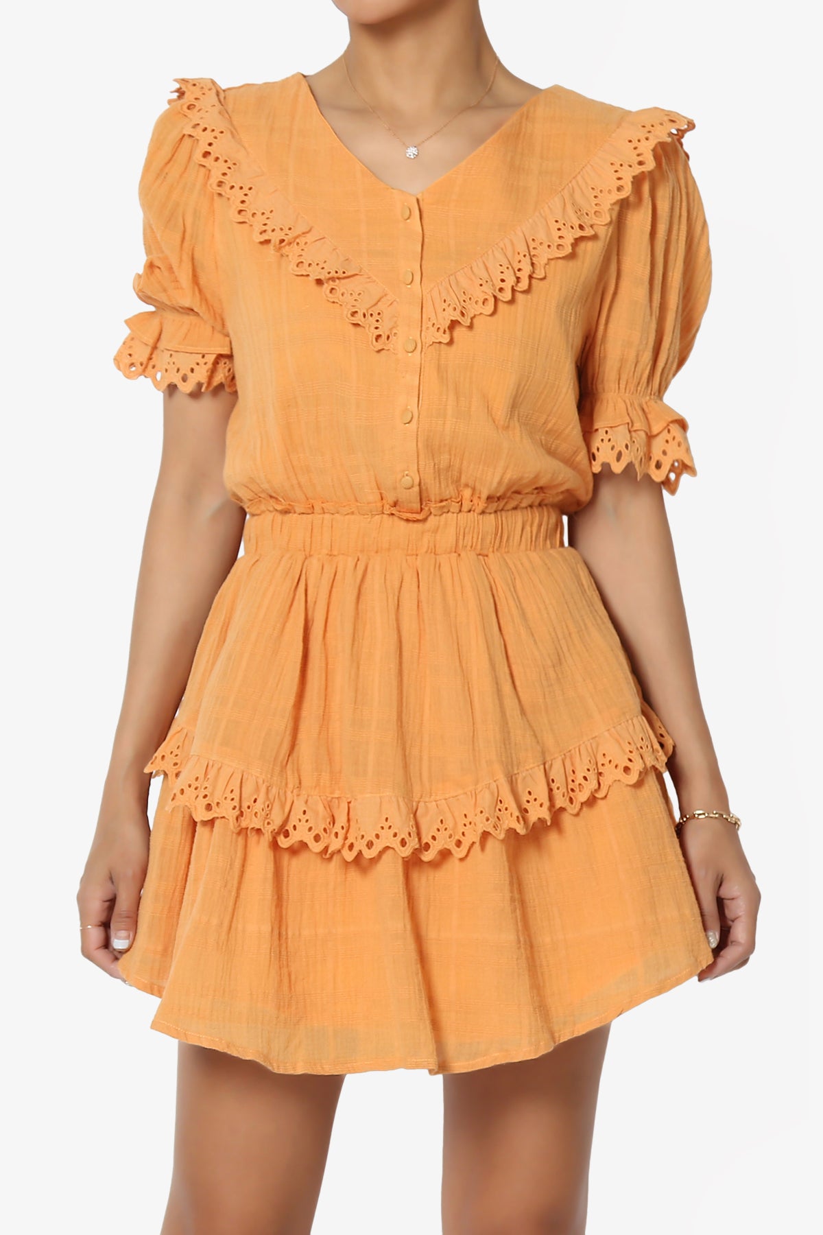 Load image into Gallery viewer, Tille Lace Trim Tiered Dress in Orange
