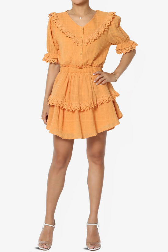 Load image into Gallery viewer, Tille Lace Trim Tiered Dress in Orange
