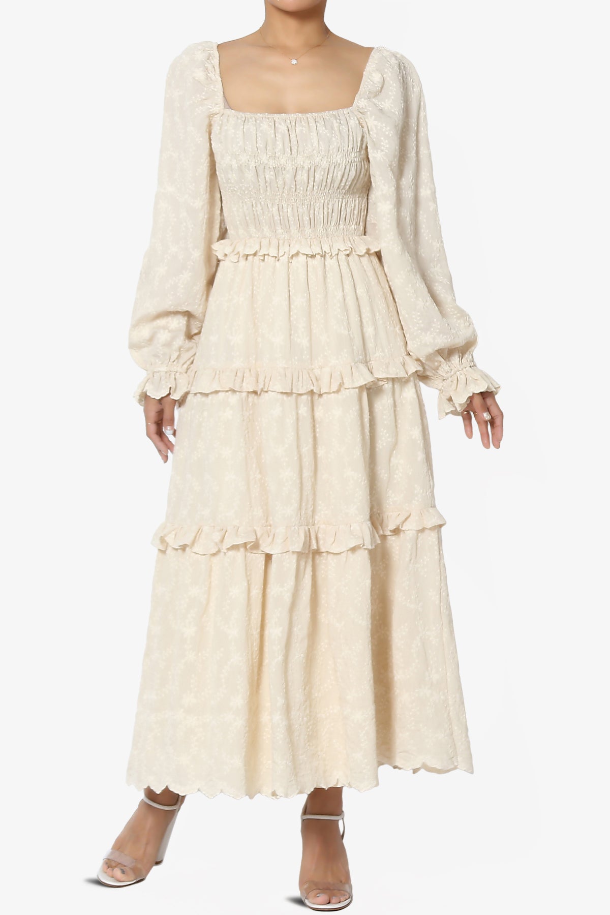 Load image into Gallery viewer, Miri Shirred Floral Embroidered Long Midi Dress in Beige
