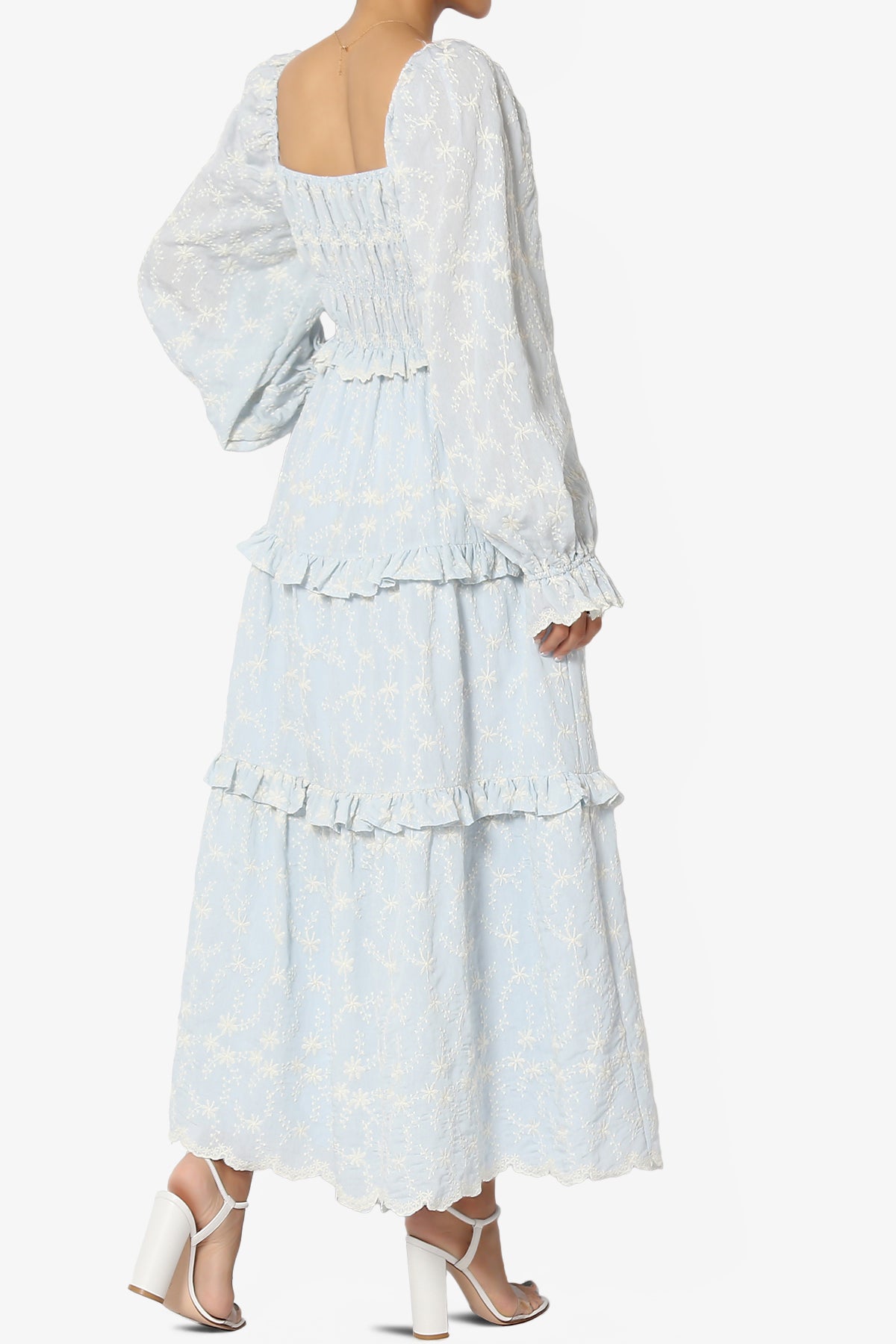 Load image into Gallery viewer, Miri Shirred Floral Embroidered Long Midi Dress in Cream Blue
