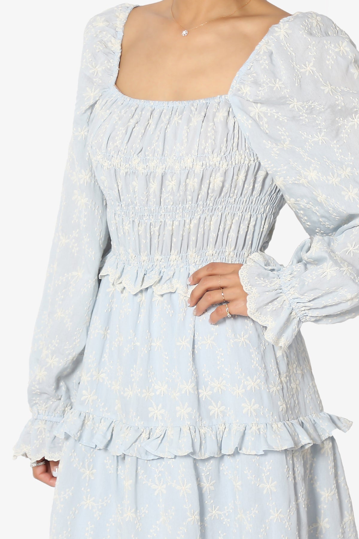 Load image into Gallery viewer, Miri Shirred Floral Embroidered Long Midi Dress in Cream Blue
