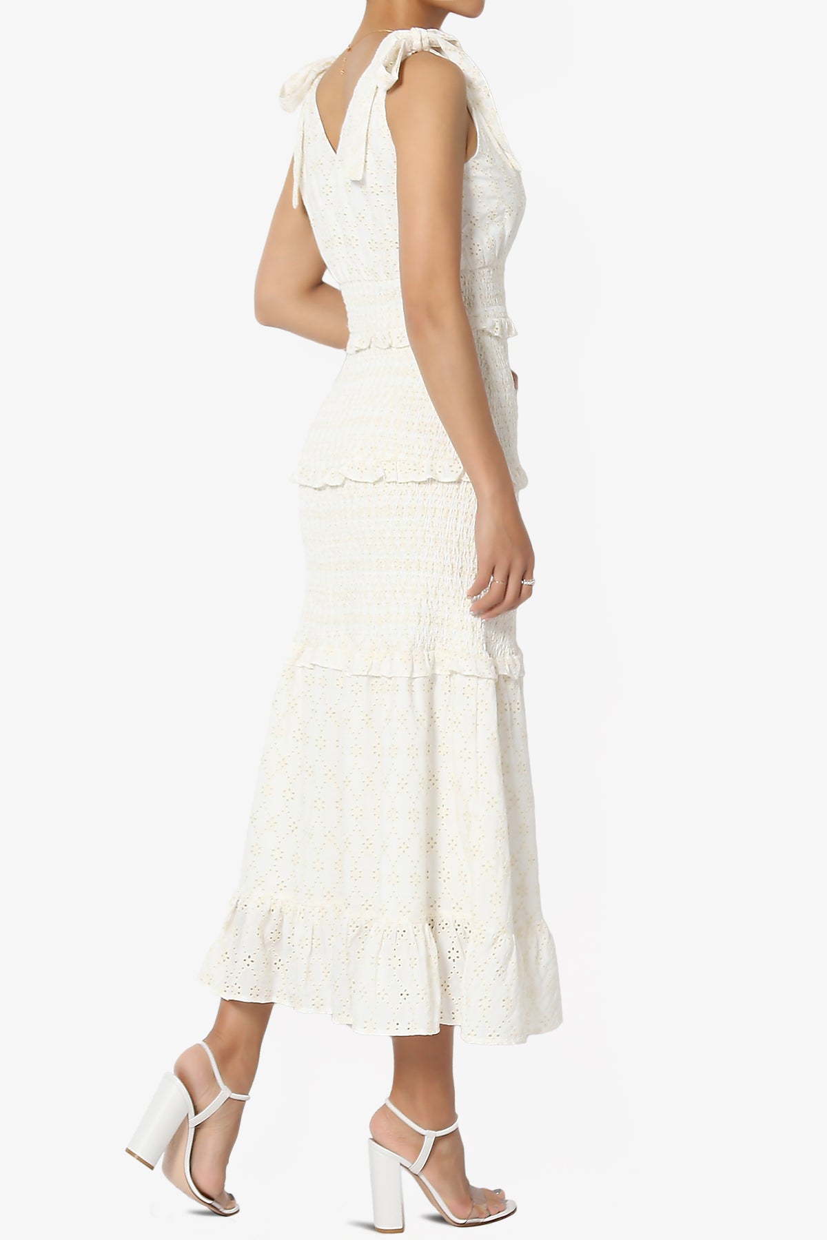 Jayce Embroidered Eyelet Smocked Ruffle Dress in Off White