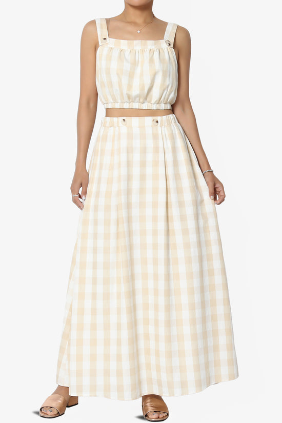 Load image into Gallery viewer, Hamiss Gingham Crop Top &amp;amp; Flare Skirt Set in Taupe
