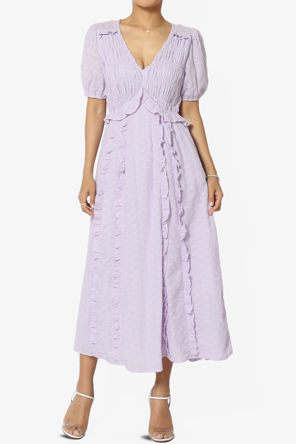 Rena Embroidered Eyelet Ruffle Midi Dress in Lavender