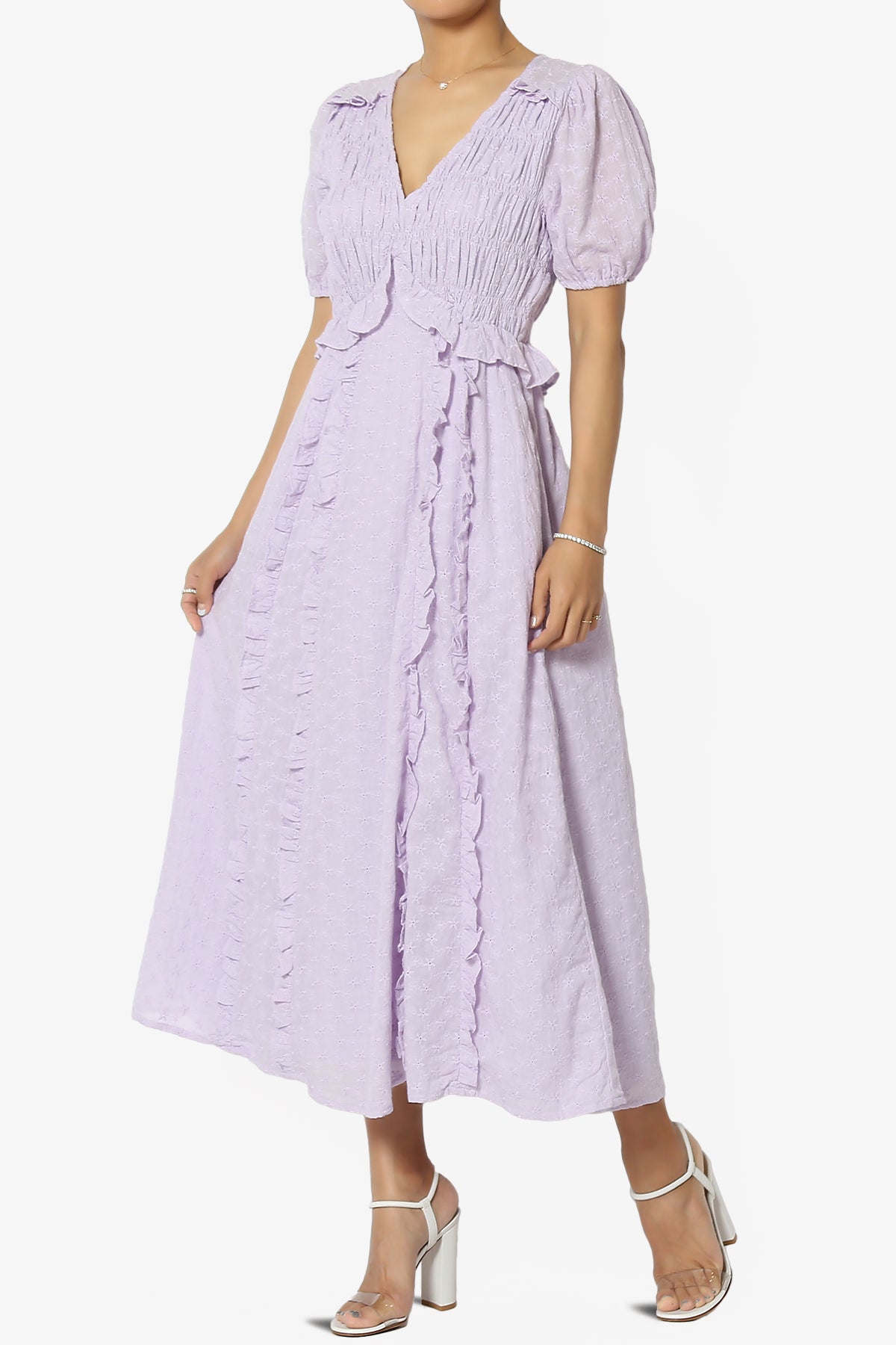 Rena Embroidered Eyelet Ruffle Midi Dress in Lavender