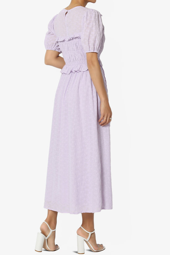Rena Embroidered Eyelet Ruffle Midi Dress in Lavender
