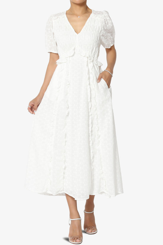 Rena Embroidered Eyelet Ruffle Midi Dress in White