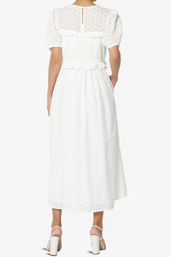 Rena Embroidered Eyelet Ruffle Midi Dress in White