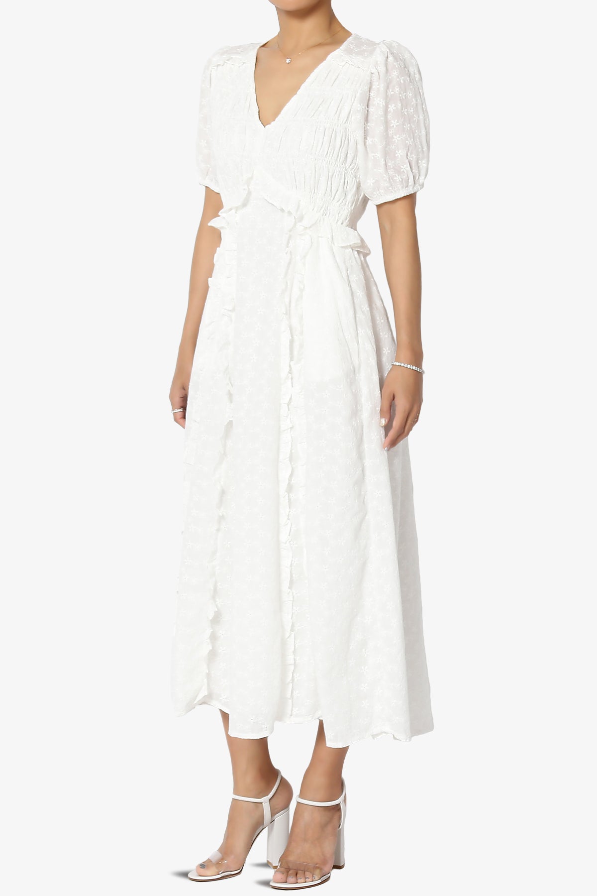 Rena Embroidered Eyelet Ruffle Midi Dress in White