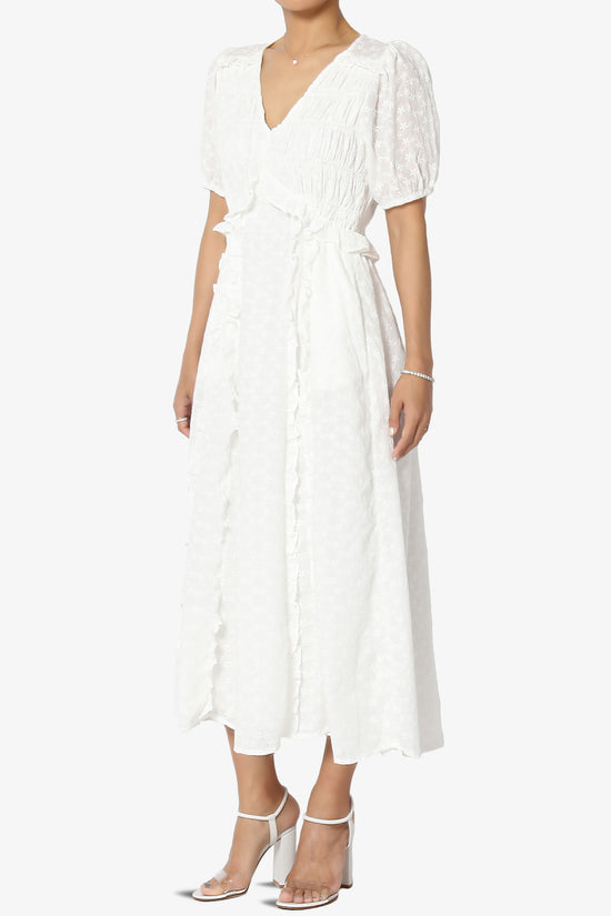 Rena Embroidered Eyelet Ruffle Midi Dress in White