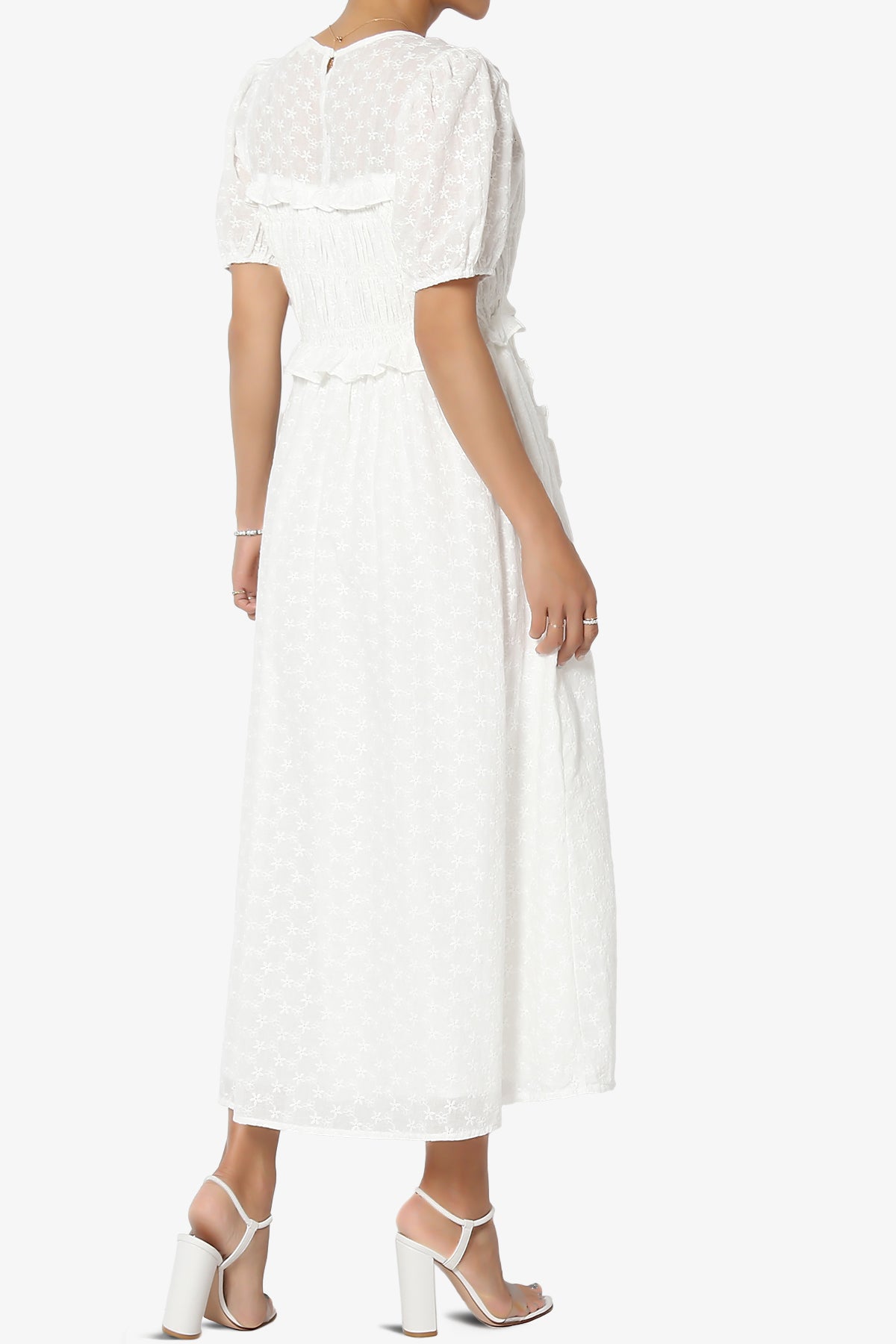 Rena Embroidered Eyelet Ruffle Midi Dress in White