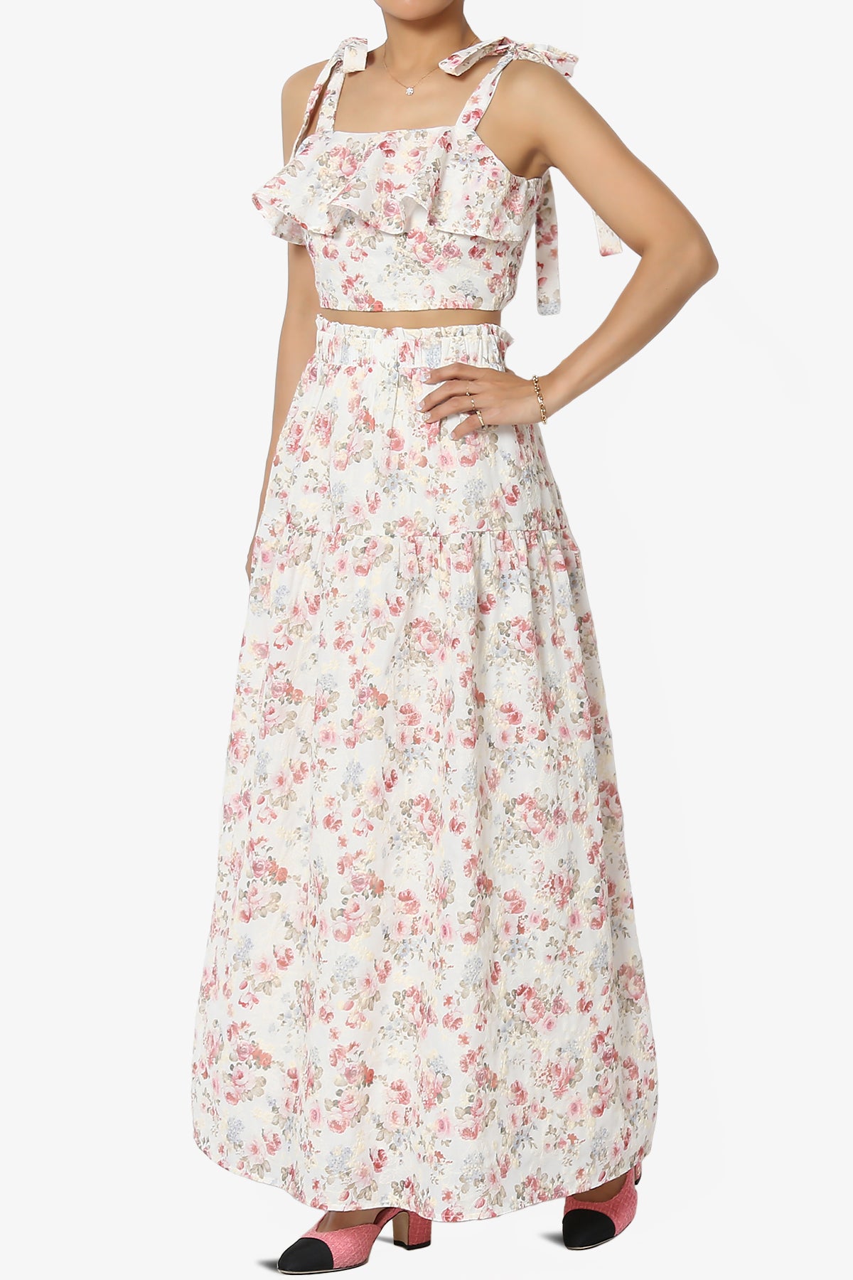 Twice Floral Ruffle Crop Top & A-Line Skirt Set in Pink