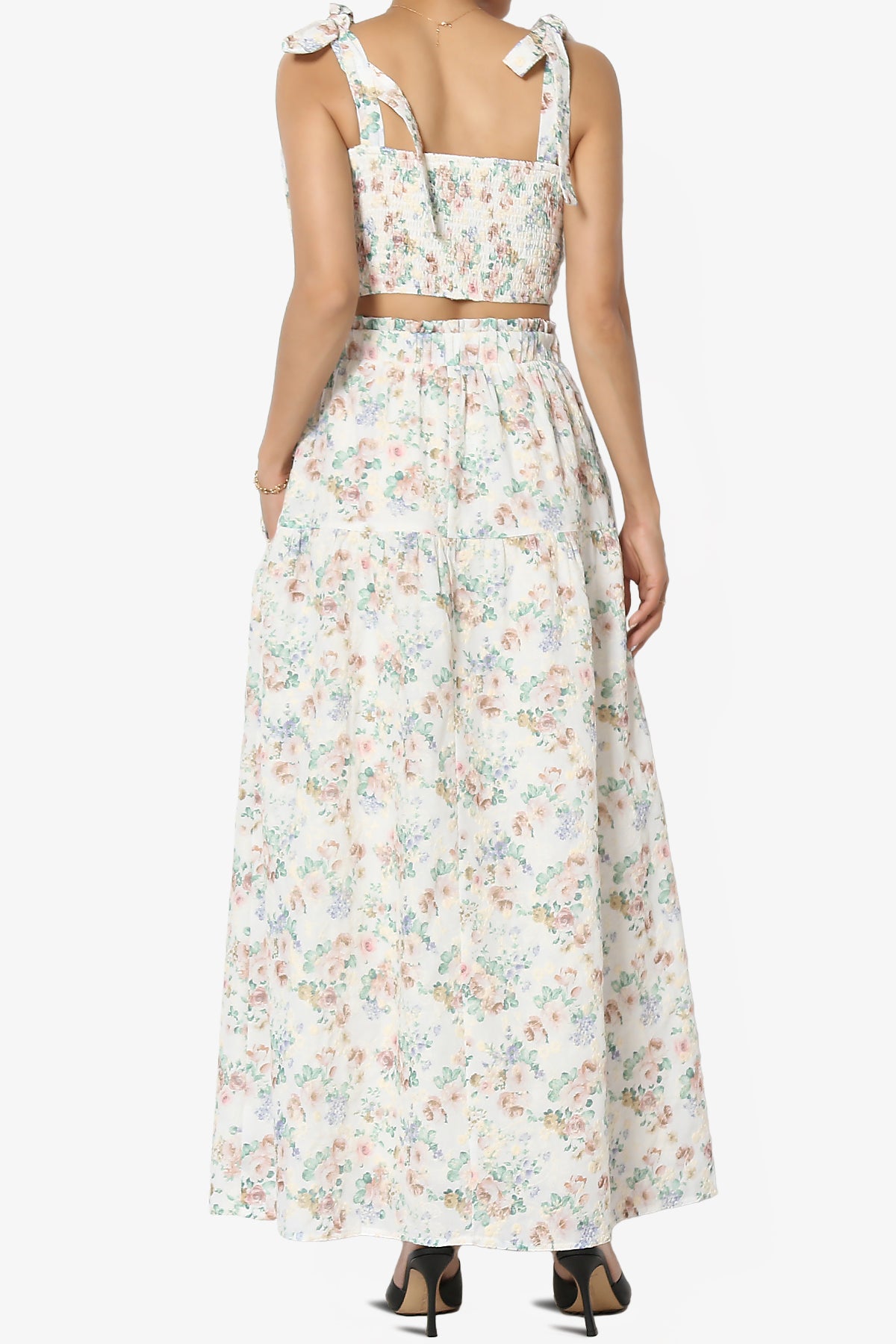 Twice Floral Ruffle Crop Top & A-Line Skirt Set in Taupe