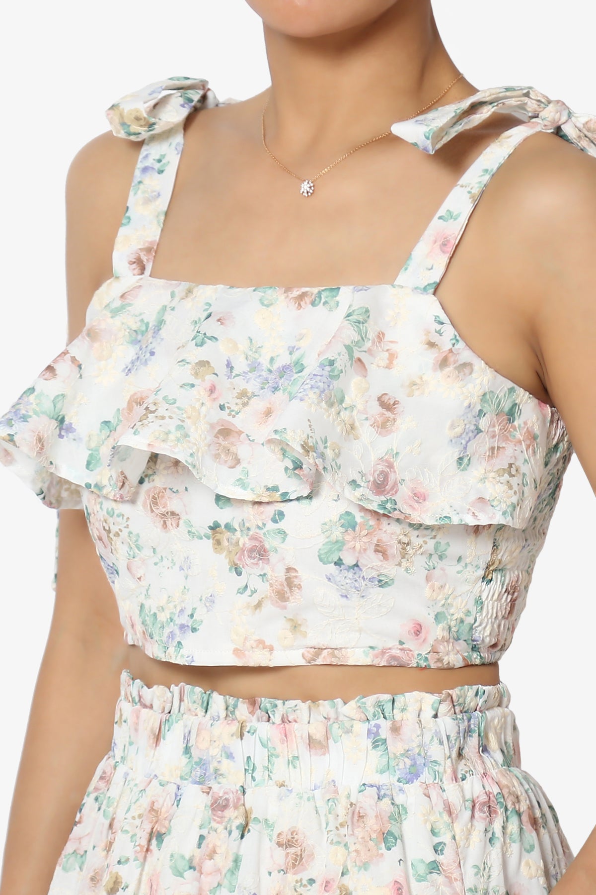 Embroidered Floral Tie Ruffle Crop Top & A-Line Skirt Set 2-Piece