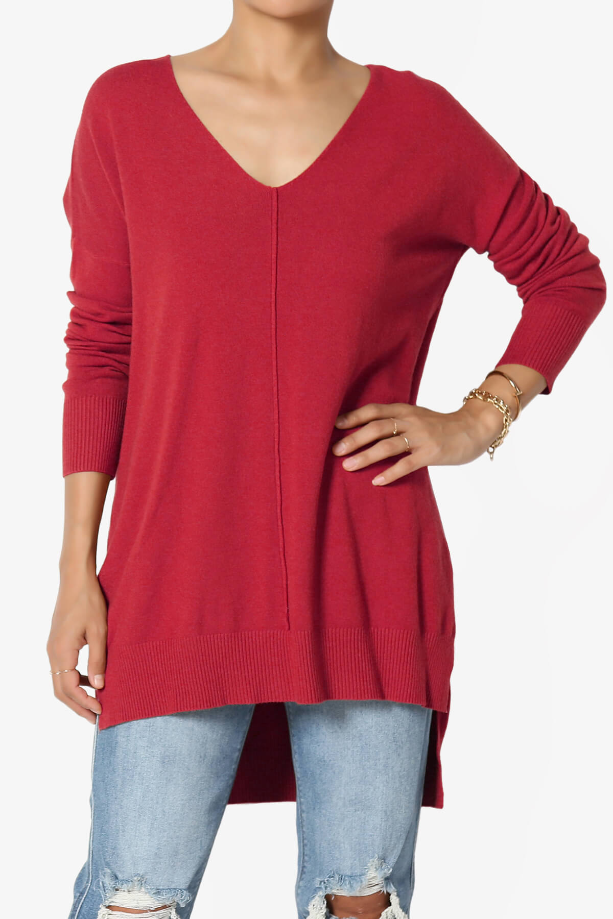 Katana Front Seam V-Neck Knit Sweater DARK RED_1