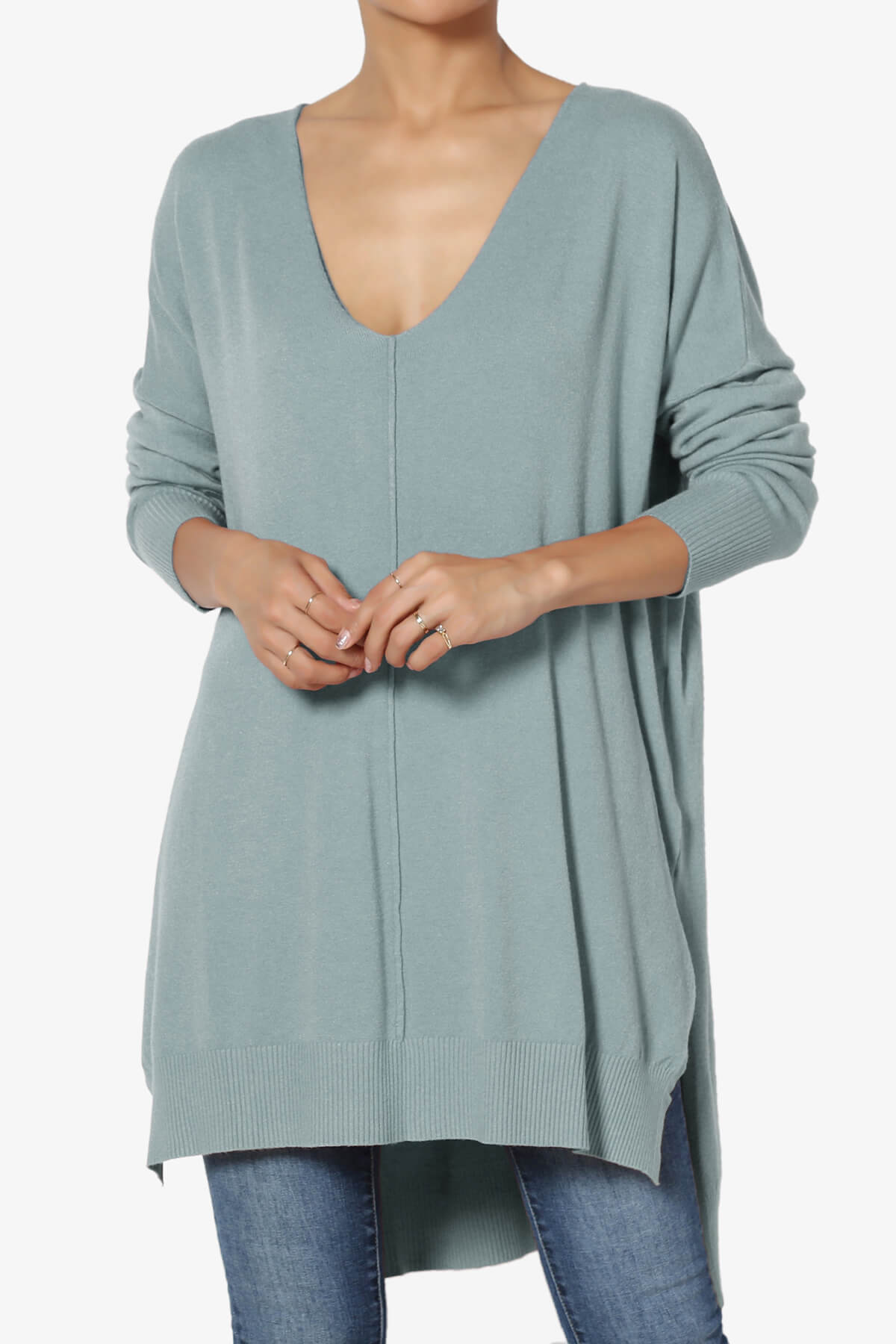Load image into Gallery viewer, Katana Front Seam V-Neck Knit Sweater DUSTY BLUE_1
