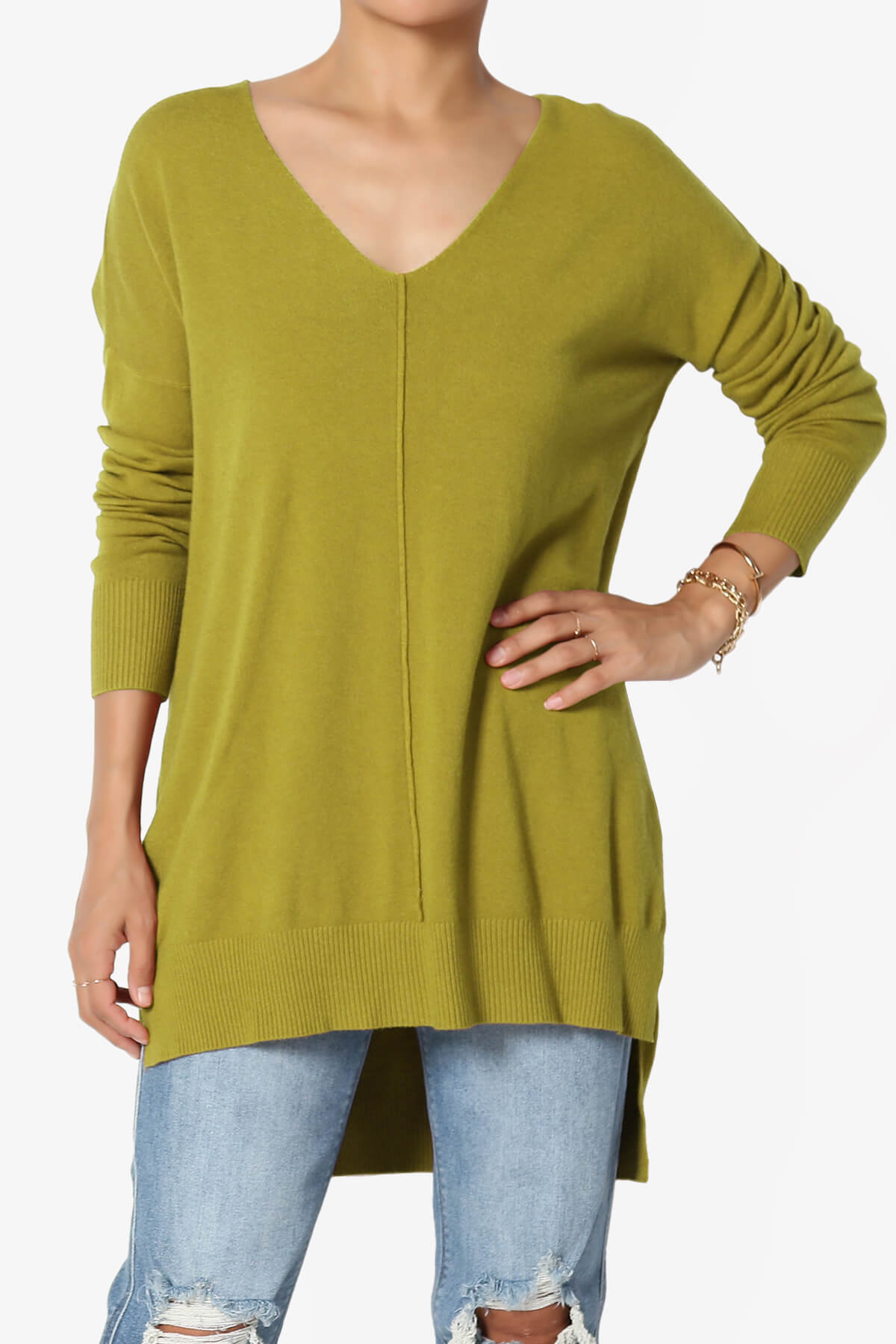 Load image into Gallery viewer, Katana Front Seam V-Neck Knit Sweater OLIVE MUSTARD_1

