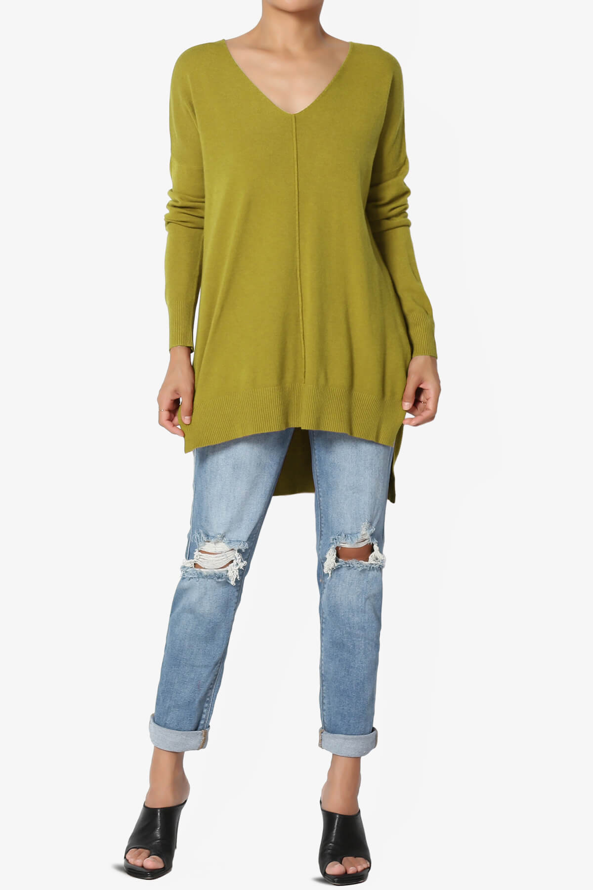 Load image into Gallery viewer, Katana Front Seam V-Neck Knit Sweater OLIVE MUSTARD_6
