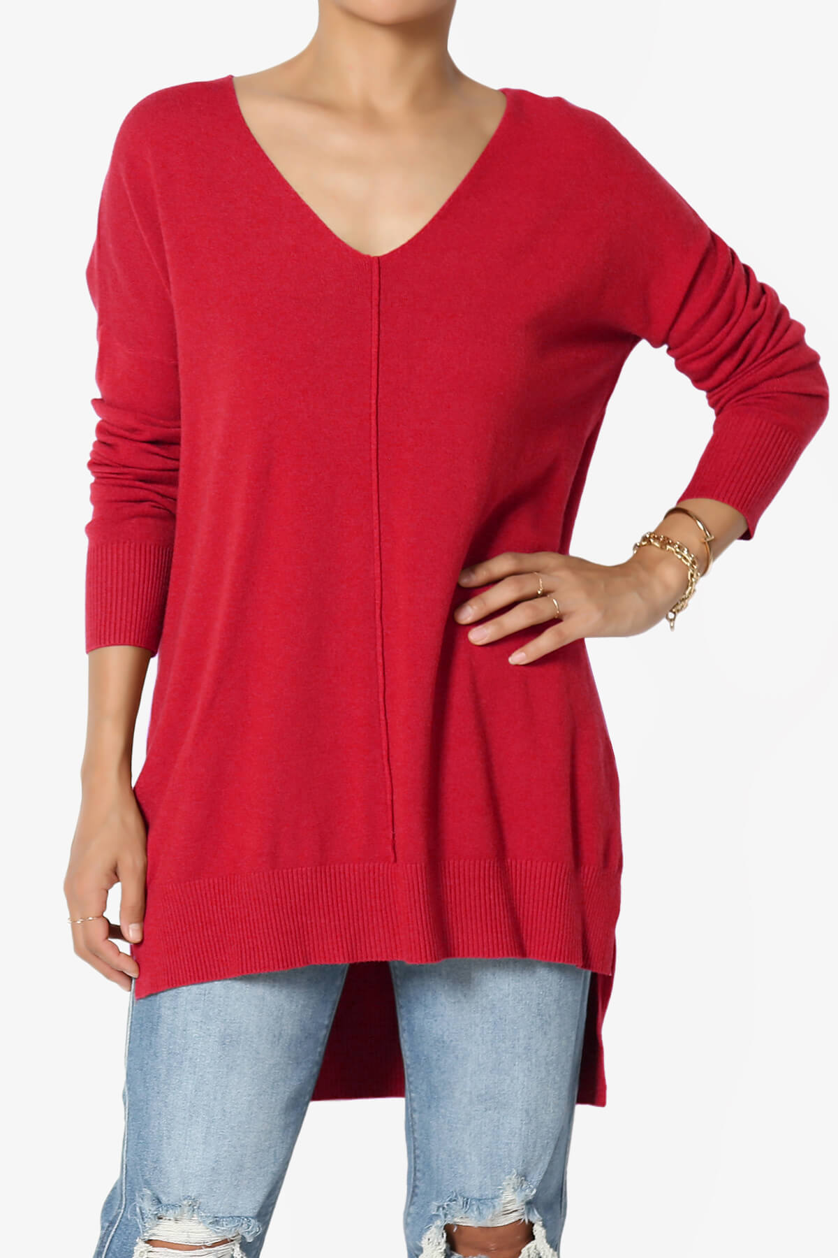 Katana Front Seam V-Neck Knit Sweater RED_1