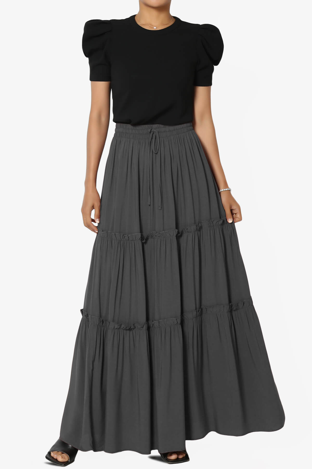 Load image into Gallery viewer, Kelton Ruffle Tiered Woven Maxi Skirt ASH GREY_6
