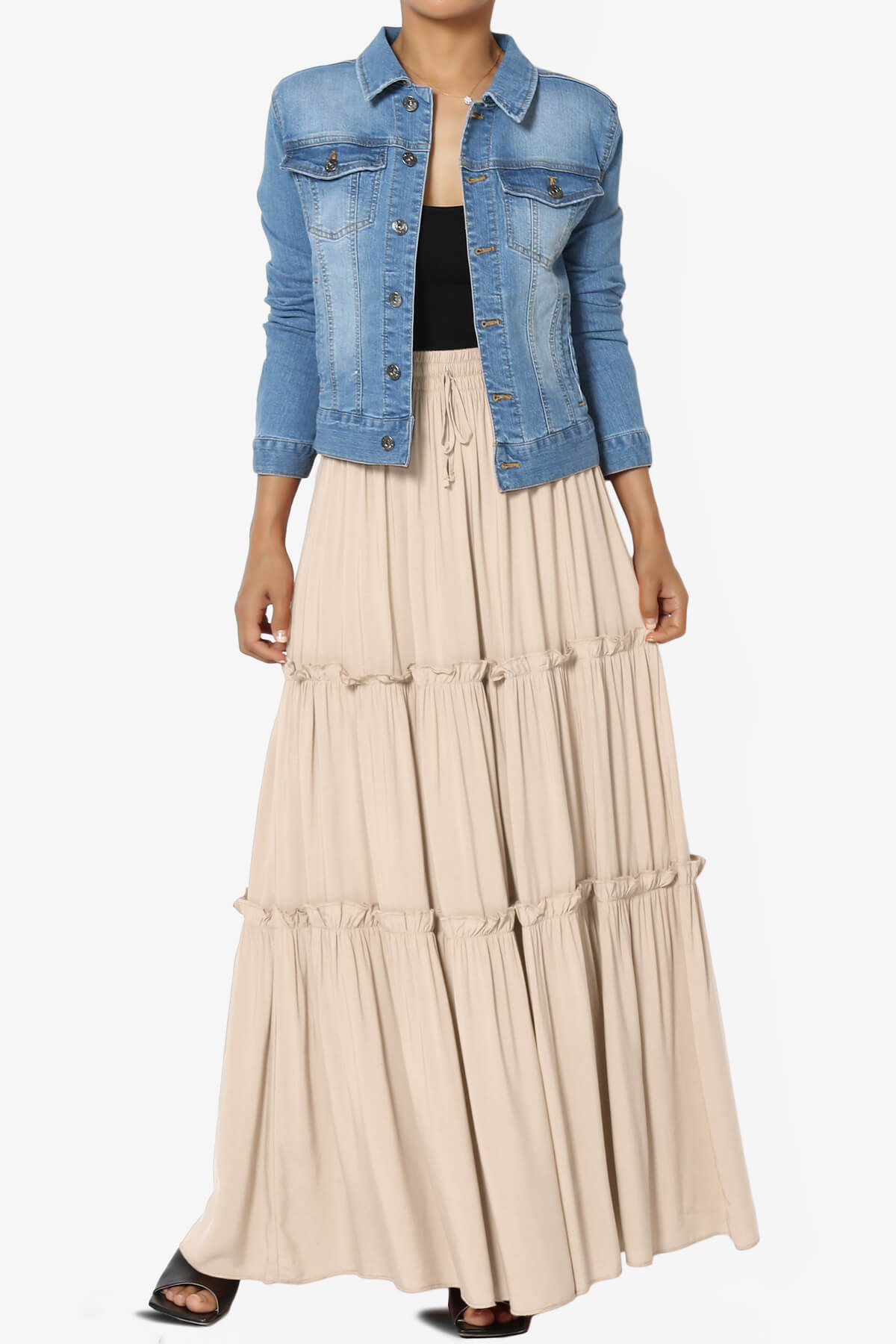 Load image into Gallery viewer, Kelton Ruffle Tiered Woven Maxi Skirt BEIGE_6

