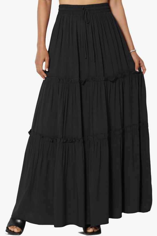 Load image into Gallery viewer, Kelton Ruffle Tiered Woven Maxi Skirt BLACK_1
