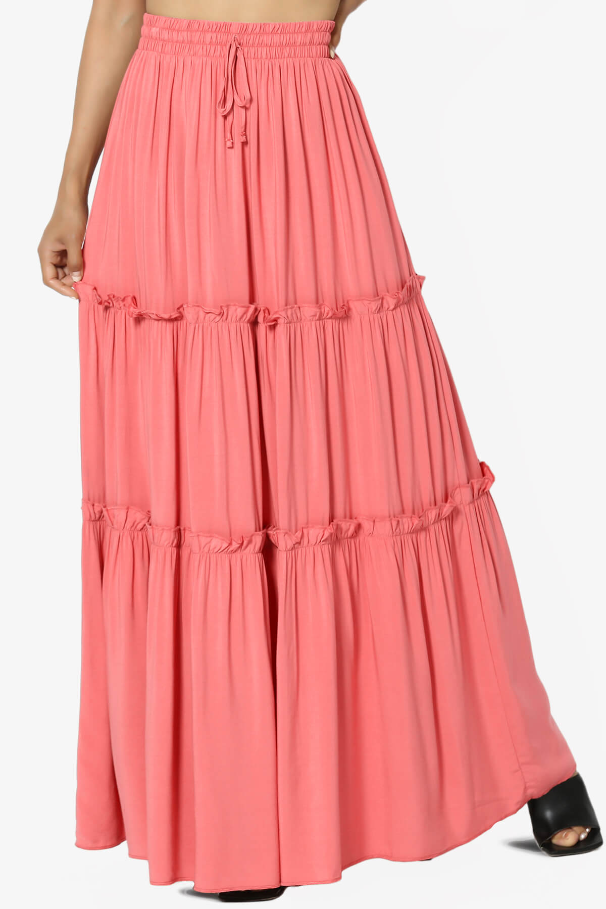 Load image into Gallery viewer, Kelton Ruffle Tiered Woven Maxi Skirt CORAL_1
