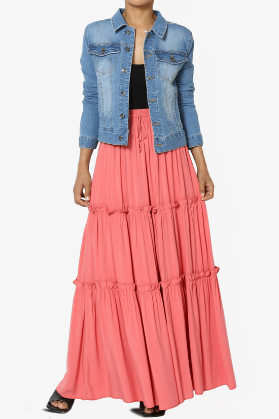 Load image into Gallery viewer, Kelton Ruffle Tiered Woven Maxi Skirt CORAL_6
