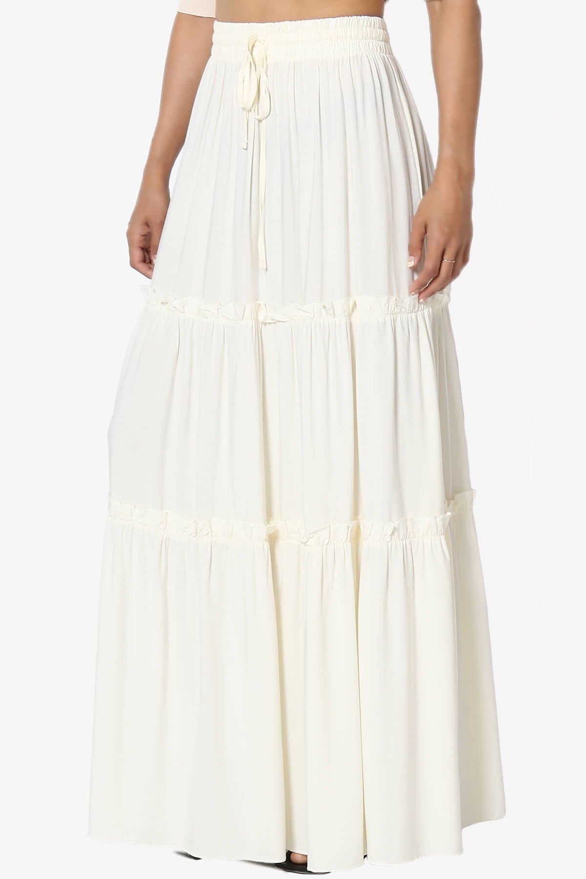 Load image into Gallery viewer, Kelton Ruffle Tiered Woven Maxi Skirt CREAM_3

